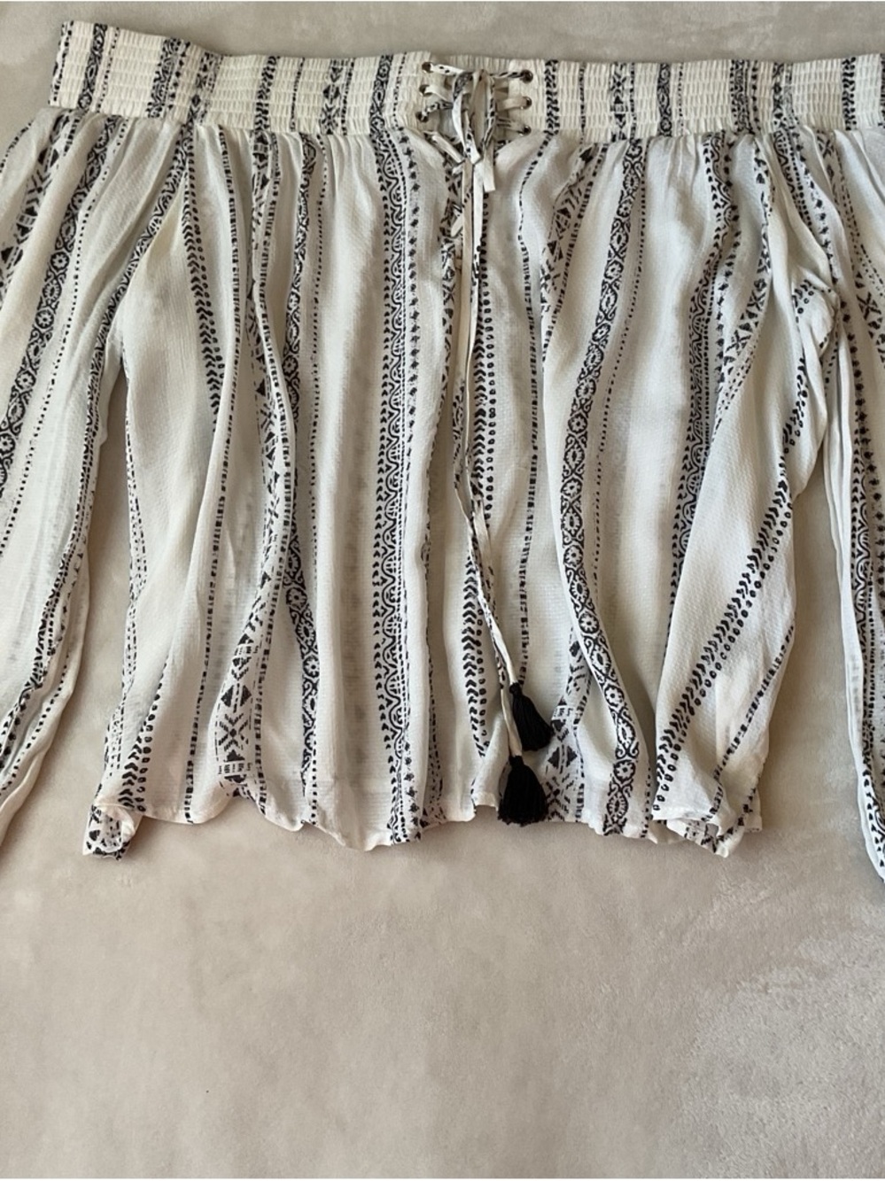 Forever 21 Cream Off-Shoulder Top with Black Tribal Print